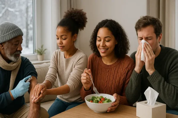 Family demonstrating comprehensive flu prevention with vaccination, handwashing and healthy eating