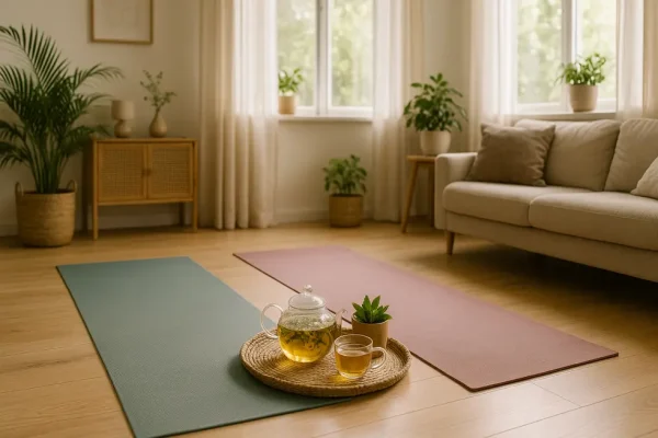 A harmonious home with various natural anxiety relief elements such as yoga and herbal teas.